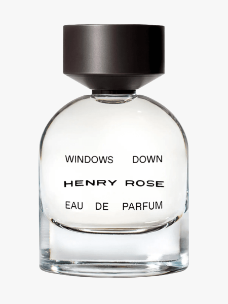 Henry Rose Windows Down in branded clear glass bottle with silver cap on light gray background